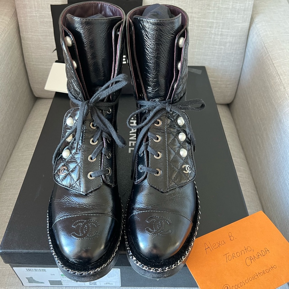 CHANEL 18K Pearl Combat Boots size 38